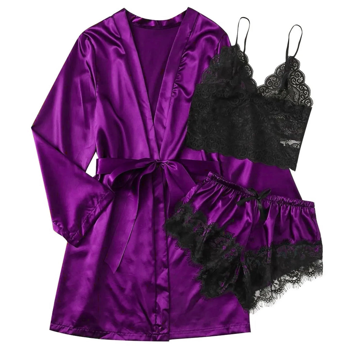 3 Pieces Summer Women Pajamas Sets Satin Silk Sleepwear With Shorts Robes Nightgown Female Lace Nightwear Suit Pajamas