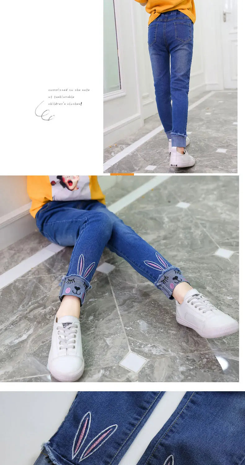 Spring Fashion Kids Jeans Girls Holes Jeans Toddler Baby High Quality Letter Print Elastic Waist Jeans Teen Tight Pencil Pants