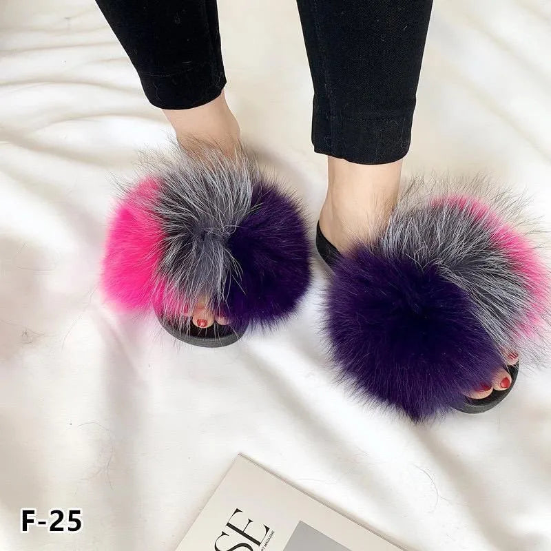 Hot Sale Summer Women Fox Fur Slippers Furry Slippers Designer Fur Slides Girls Black Fur Slides Gorgeous Big Fur Slides Sandal