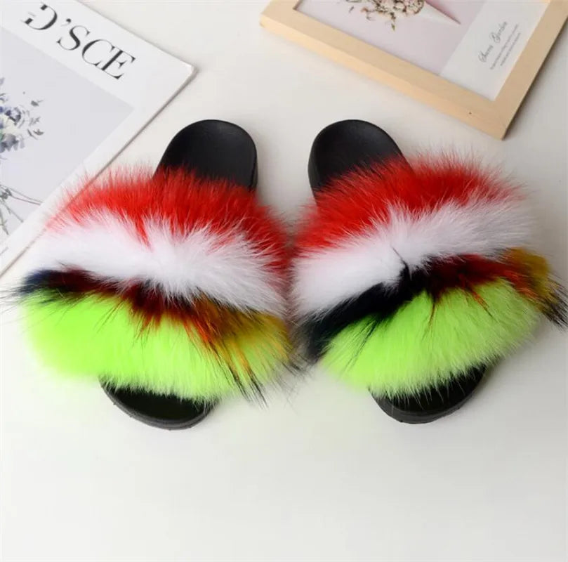 Hot Sale Summer Women Fox Fur Slippers Furry Slippers Designer Fur Slides Girls Black Fur Slides Gorgeous Big Fur Slides Sandal