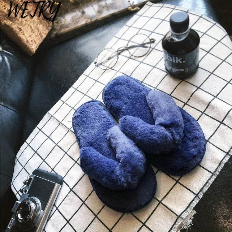 Winter Women Home Slippers with Faux Fur Fashion Warm Shoes Woman Slip on Flats Female Slides Black Pink Plus Size 41