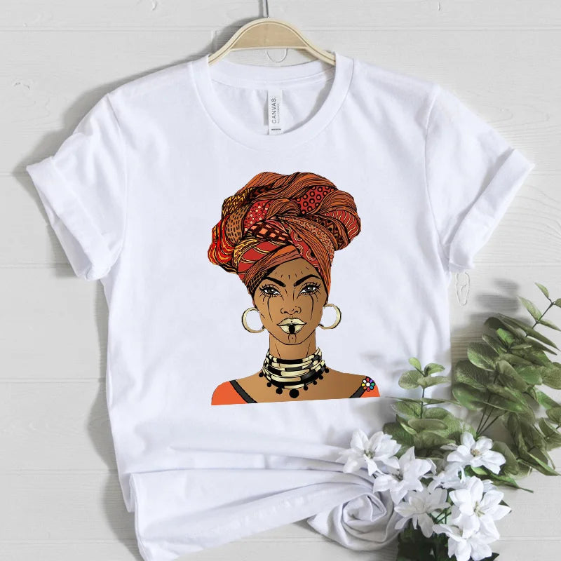 Beautiful Africa Girl Graphic T-Shirt for Women Aesthetic Black Melanin Queen Design Short Sleeve Eye Catching Femme Tops