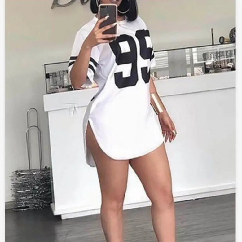 Number Print Oversized T-shirt Female Summer Top Tees Long Ladies Top Women Split t Shirt Sports Women Clothing Casual t Shirt