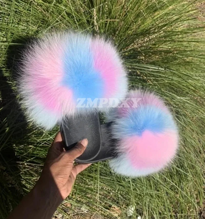 Rainbow Fur Slides Women's Furry Plush Raccoon Fox Fur Slippers Indoor Flat Non-Slip Summer Beach Flip Flops Large Size Sandals