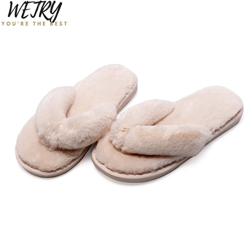 Winter Women Home Slippers with Faux Fur Fashion Warm Shoes Woman Slip on Flats Female Slides Black Pink Plus Size 41