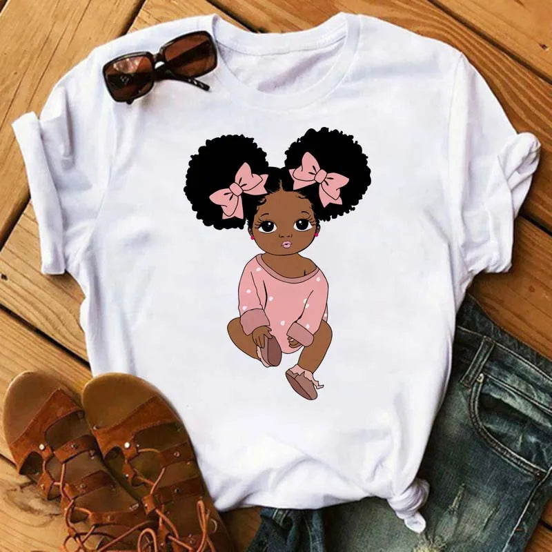 Maycaur Harajuku Black African Curly Hair Girls Tshirt Women Cartoon Graphic Print Tops Female T-shirt Cute Tee Friends T Shirts