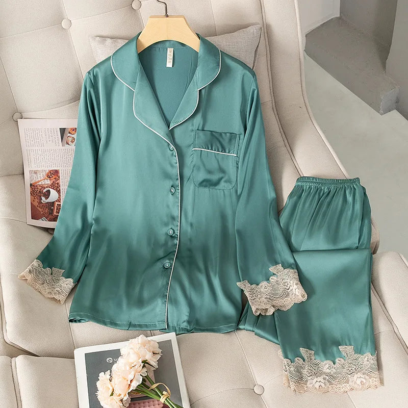 Satin Pajamas Set Faux Silk Women Sleepwear Shirt & Pants Casual Lace Pajamas Lounge Wear Nightwear