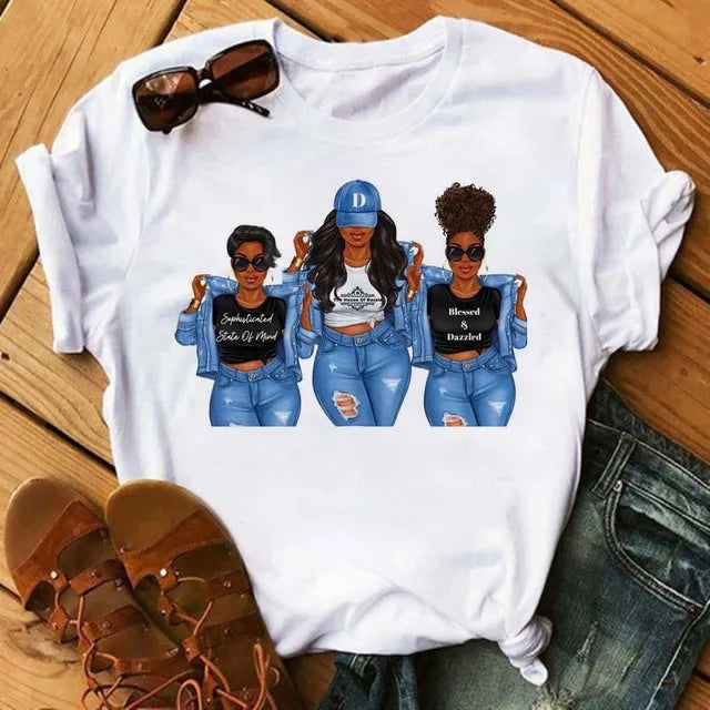 Maycaur Harajuku Black African Curly Hair Girls Tshirt Women Cartoon Graphic Print Tops Female T-shirt Cute Tee Friends T Shirts