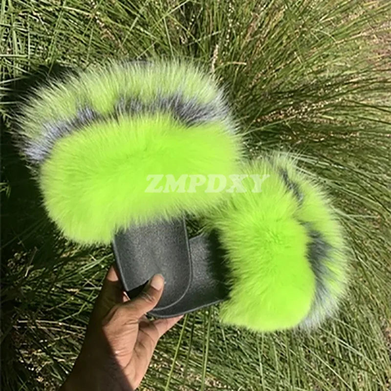 Rainbow Fur Slides Women's Furry Plush Raccoon Fox Fur Slippers Indoor Flat Non-Slip Summer Beach Flip Flops Large Size Sandals