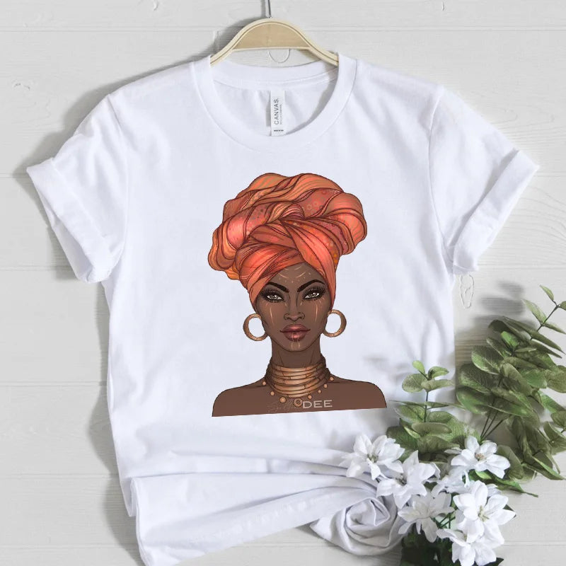 Beautiful Africa Girl Graphic T-Shirt for Women Aesthetic Black Melanin Queen Design Short Sleeve Eye Catching Femme Tops