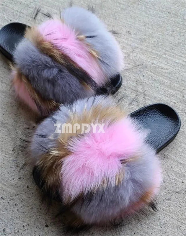 Hot Sale Summer Women Fox Fur Slippers Furry Slippers Designer Fur Slides Girls Black Fur Slides Gorgeous Big Fur Slides Sandal
