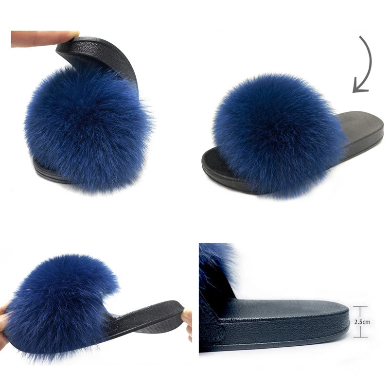 Rainbow Fur Slides Women's Furry Plush Raccoon Fox Fur Slippers Indoor Flat Non-Slip Summer Beach Flip Flops Large Size Sandals