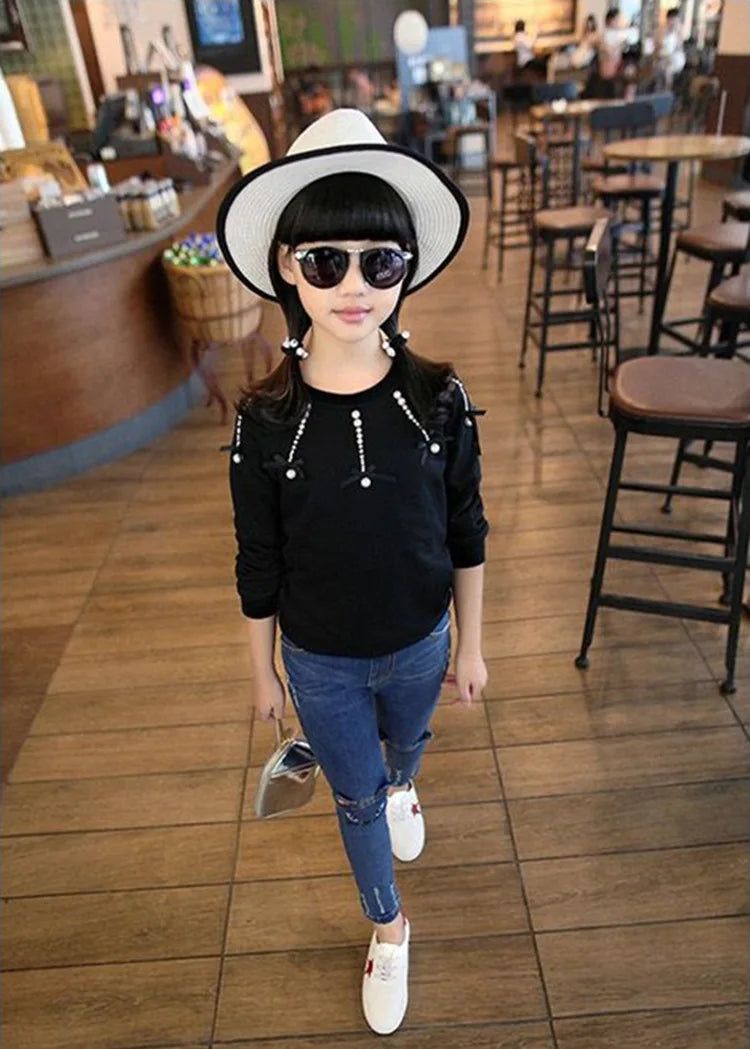 Spring Fashion Kids Jeans Girls Holes Jeans Toddler Baby High Quality Letter Print Elastic Waist Jeans Teen Tight Pencil Pants