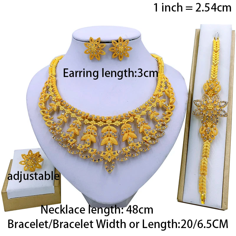 Liffly New Fashion Dubai Gold Color Bridal Jewelry Sets for Women Necklace Earrings Ring Wedding Party African Jewelry Gift