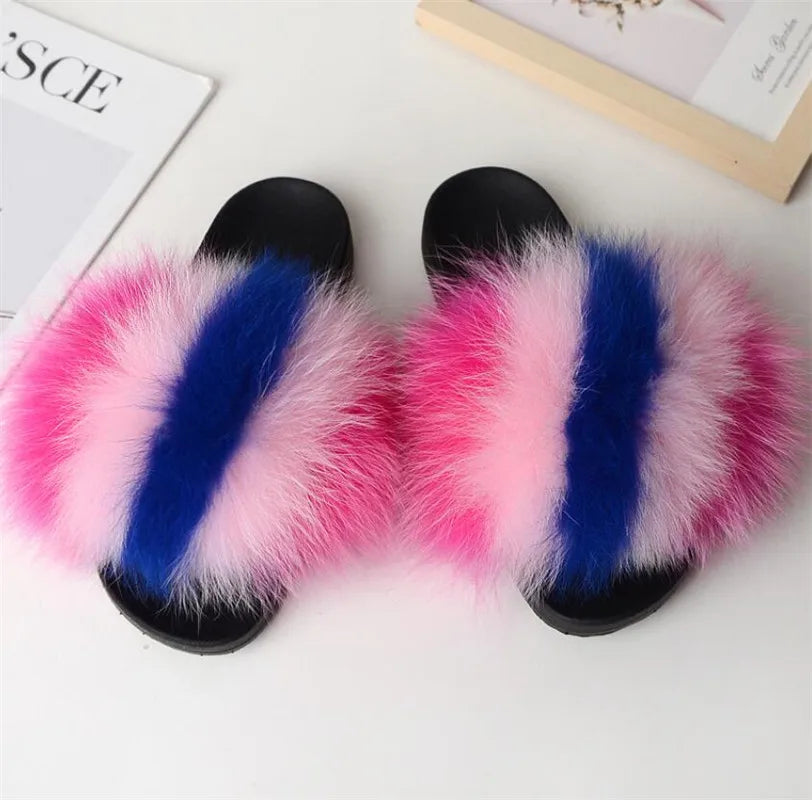 Hot Sale Summer Women Fox Fur Slippers Furry Slippers Designer Fur Slides Girls Black Fur Slides Gorgeous Big Fur Slides Sandal