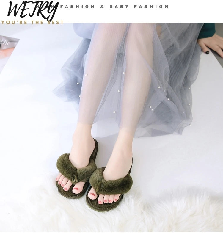Winter Women Home Slippers with Faux Fur Fashion Warm Shoes Woman Slip on Flats Female Slides Black Pink Plus Size 41