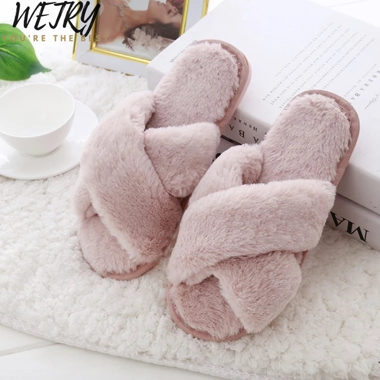Winter Women Home Slippers with Faux Fur Fashion Warm Shoes Woman Slip on Flats Female Slides Black Pink Plus Size 41