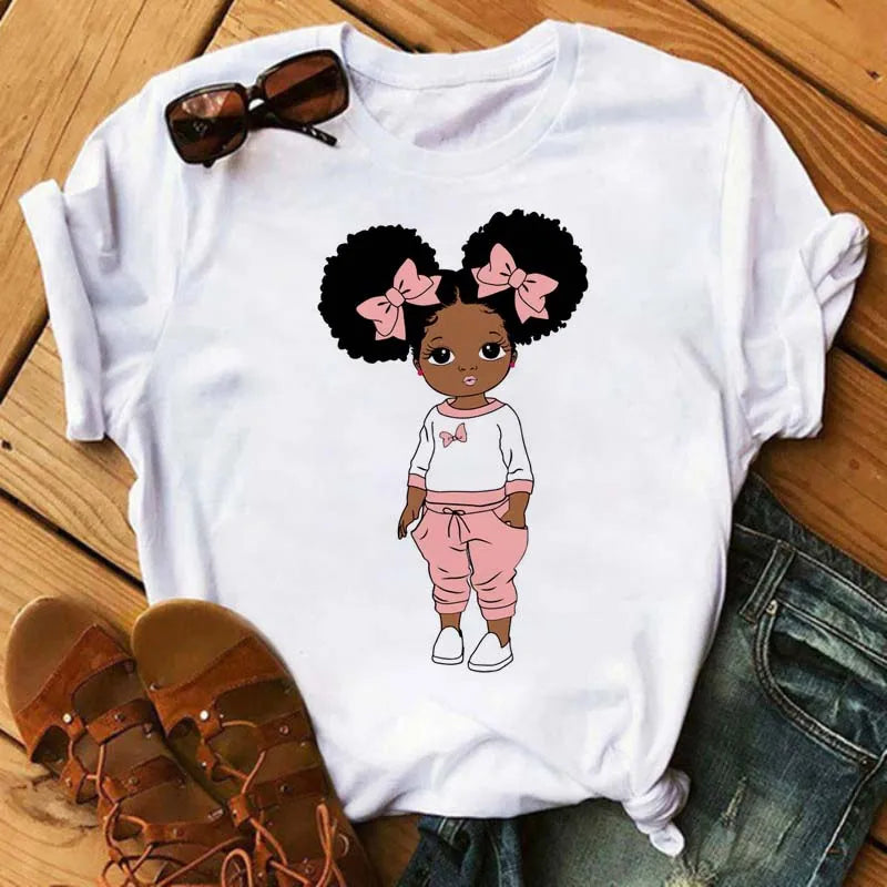 Maycaur Harajuku Black African Curly Hair Girls Tshirt Women Cartoon Graphic Print Tops Female T-shirt Cute Tee Friends T Shirts