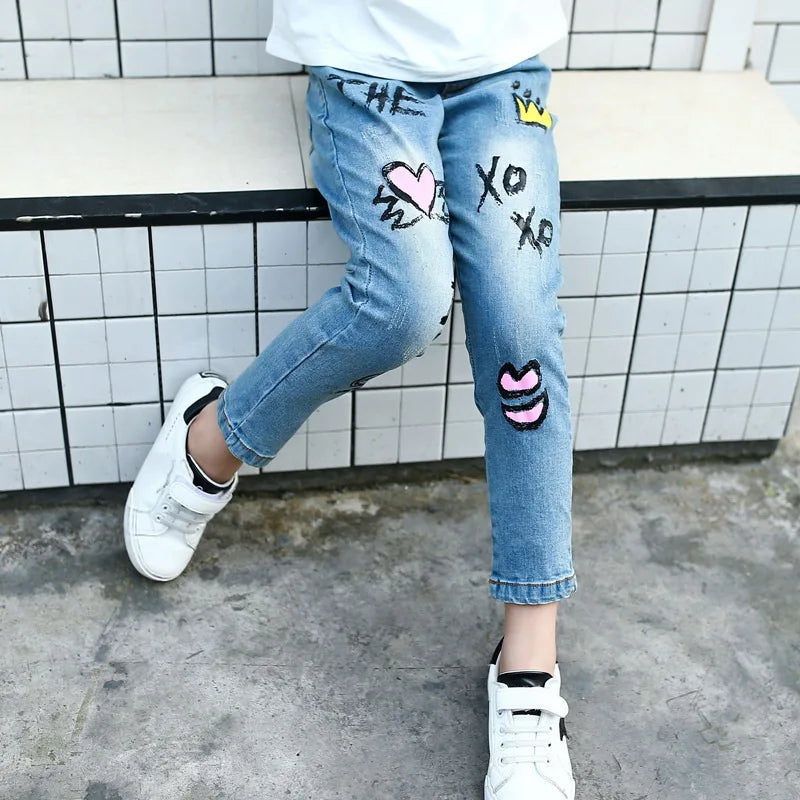 Spring Fashion Kids Jeans Girls Holes Jeans Toddler Baby High Quality Letter Print Elastic Waist Jeans Teen Tight Pencil Pants
