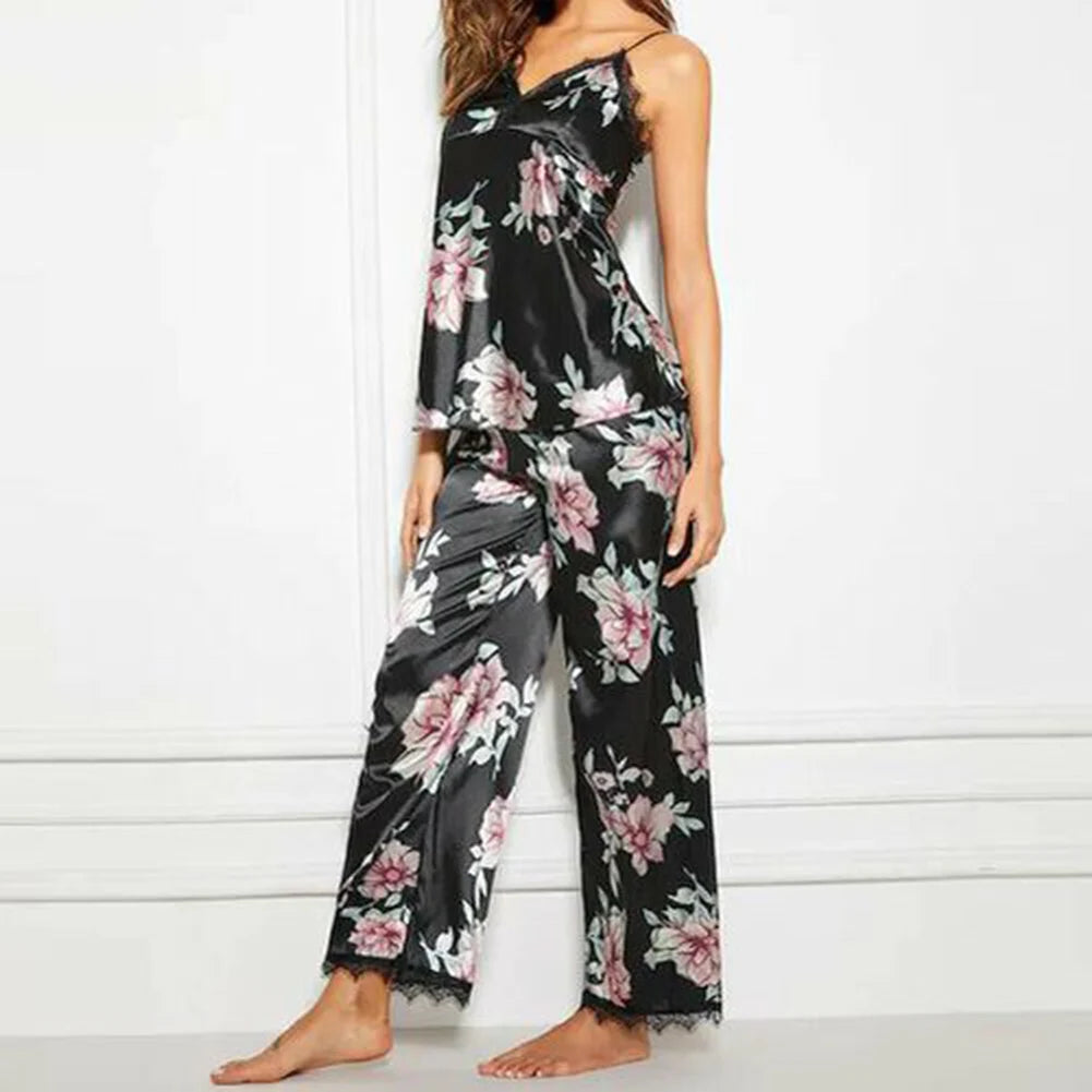 Cozyclothhaven 2Pcs Summer Sexy Pajama Sets Women Floral Print V-Neck Lace Vest Long Pants Sexy Sleepwear Women Night Gowns Women Pajama Sets.(Sizes may run small)