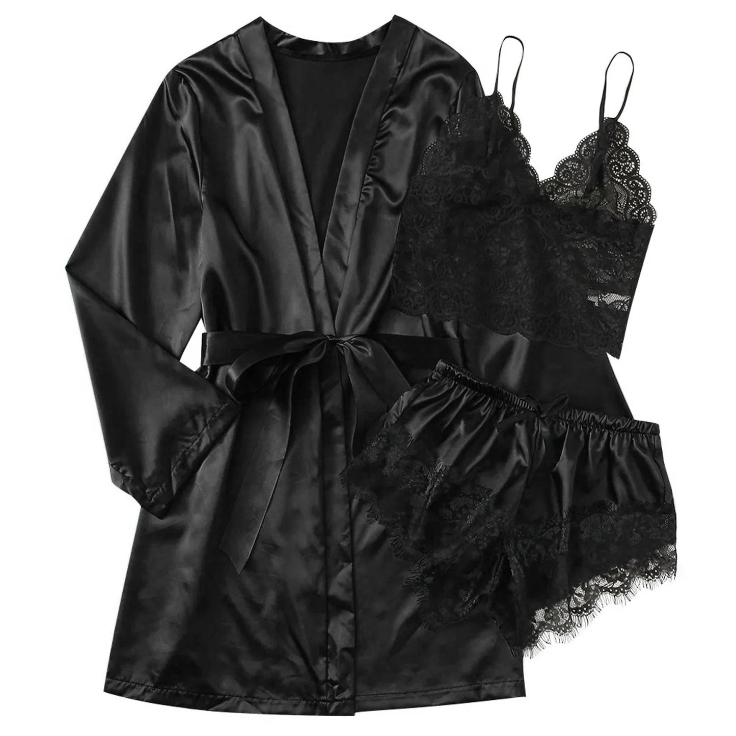 3 Pieces Summer Women Pajamas Sets Satin Silk Sleepwear With Shorts Robes Nightgown Female Lace Nightwear Suit Pajamas