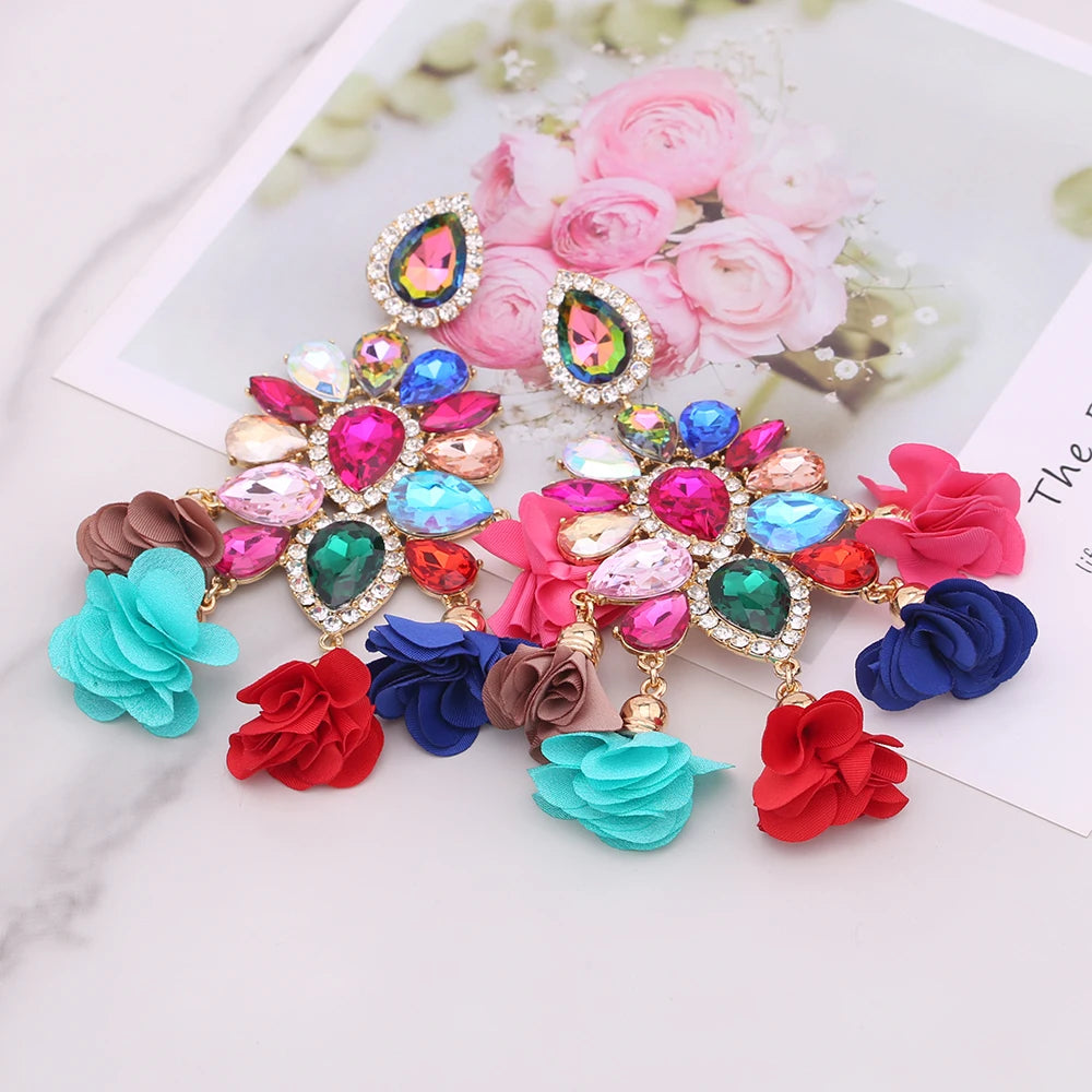 Aretes India Earrings Women Rhinestones Pendant Crystal Statement Earrings For Women Flower Tassel Earring Fashion Jewelry Gifts