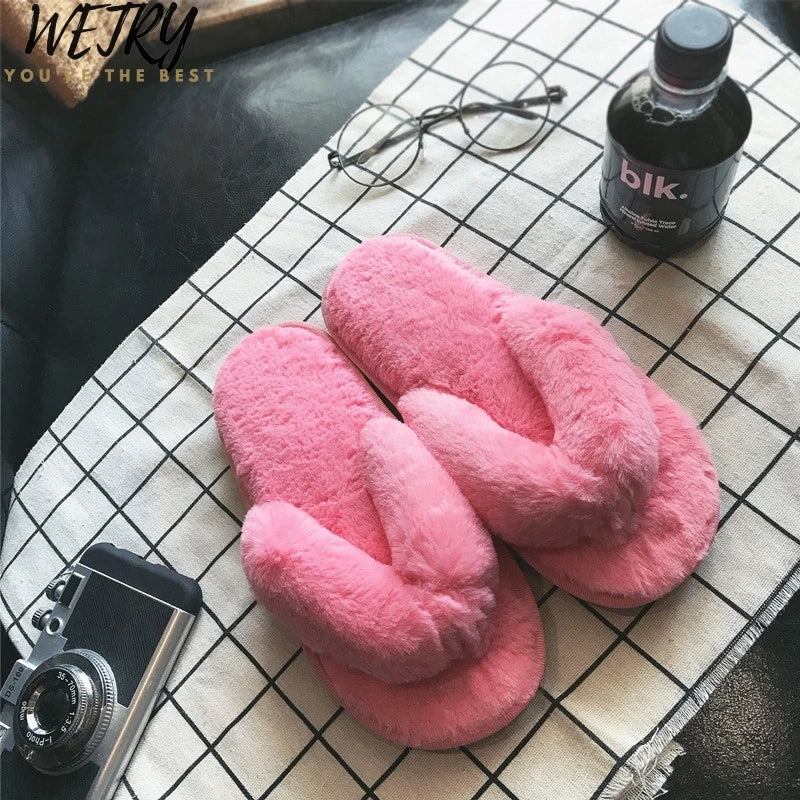Winter Women Home Slippers with Faux Fur Fashion Warm Shoes Woman Slip on Flats Female Slides Black Pink Plus Size 41