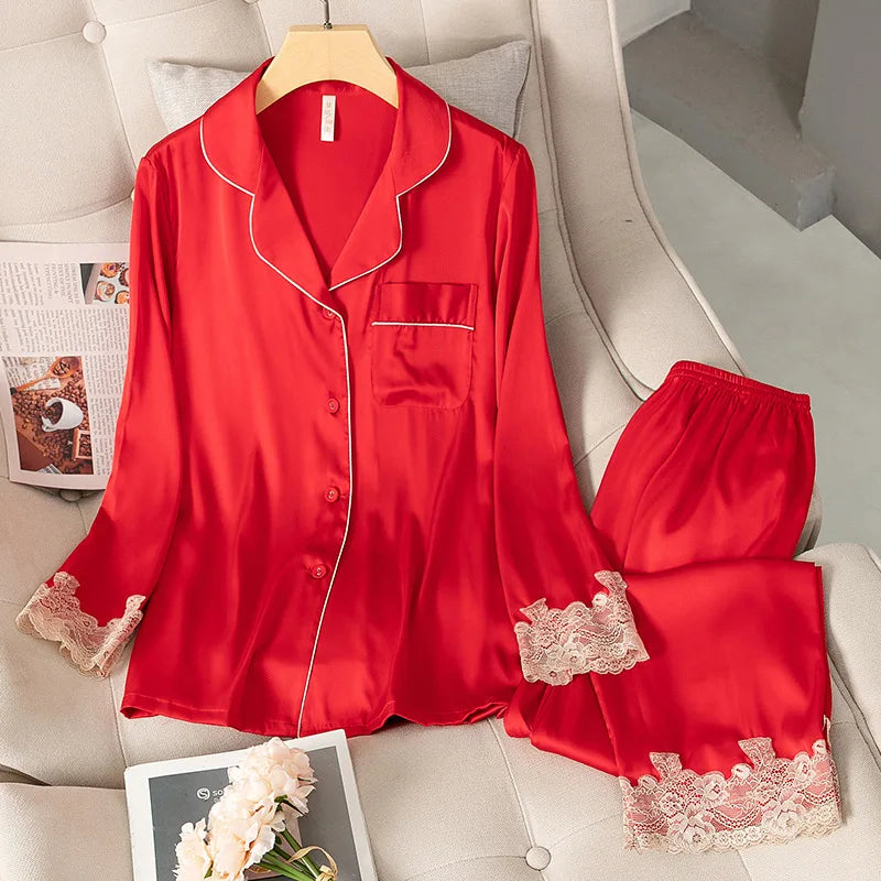 Satin Pajamas Set Faux Silk Women Sleepwear Shirt & Pants Casual Lace Pajamas Lounge Wear Nightwear