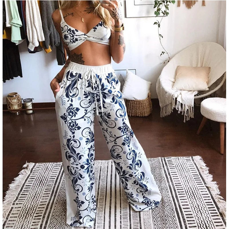 Women's Fashion 2 Pieces Outfits Tracksuit Boho Print Sexy Sleeveless Crop Top Loose Wide Leg Pants Set Female Suit