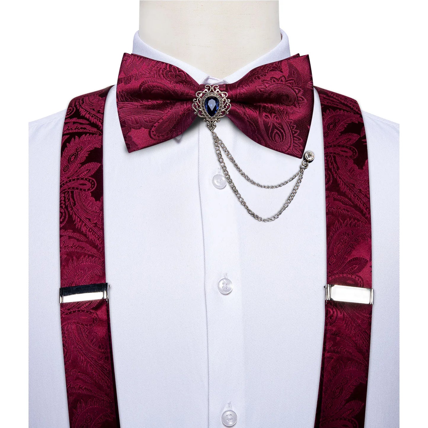 Mens Suspender 6 Clips Braces Y Shape Silk Suspenders Bow Tie Brooch Pocket Square Set Wedding Party Men Accessories DiBanGu