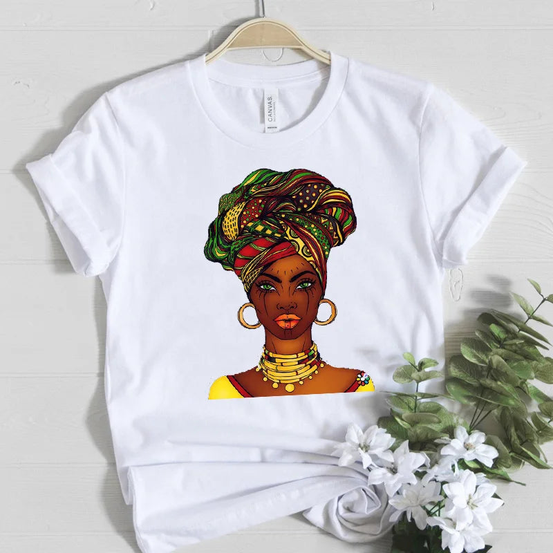 Beautiful Africa Girl Graphic T-Shirt for Women Aesthetic Black Melanin Queen Design Short Sleeve Eye Catching Femme Tops