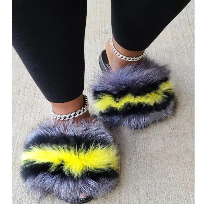 Hot Sale Summer Women Fox Fur Slippers Furry Slippers Designer Fur Slides Girls Black Fur Slides Gorgeous Big Fur Slides Sandal