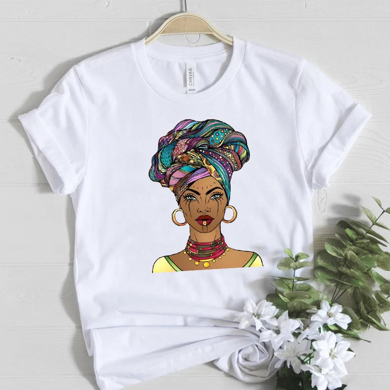 Beautiful Africa Girl Graphic T-Shirt for Women Aesthetic Black Melanin Queen Design Short Sleeve Eye Catching Femme Tops