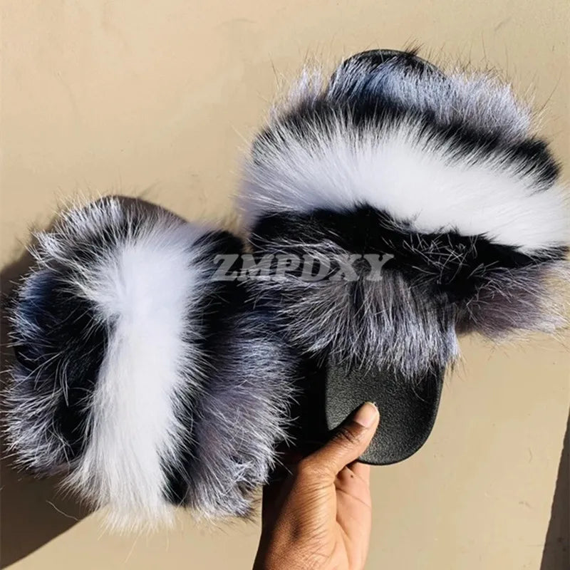 Rainbow Fur Slides Women's Furry Plush Raccoon Fox Fur Slippers Indoor Flat Non-Slip Summer Beach Flip Flops Large Size Sandals