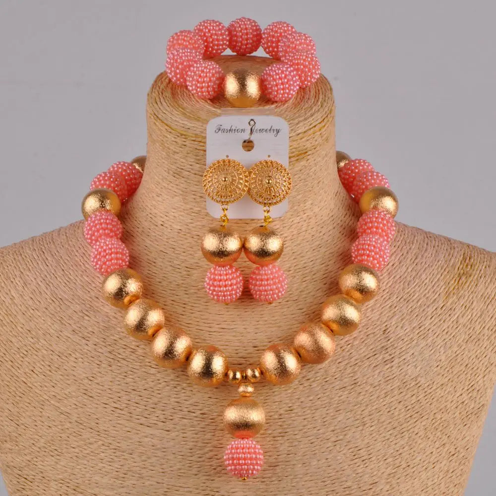New Fashion African Handmade Beaded Peach Nigeria Wedding Jewelry Set Imitation Pearl Female Necklace Earring Bracelet XX-30