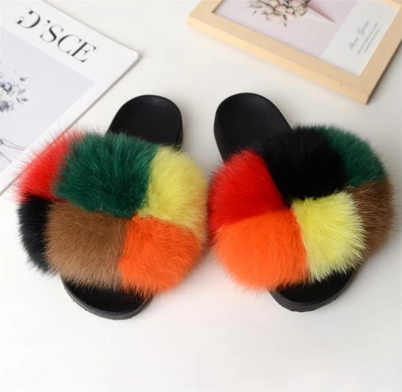 Hot Sale Summer Women Fox Fur Slippers Furry Slippers Designer Fur Slides Girls Black Fur Slides Gorgeous Big Fur Slides Sandal