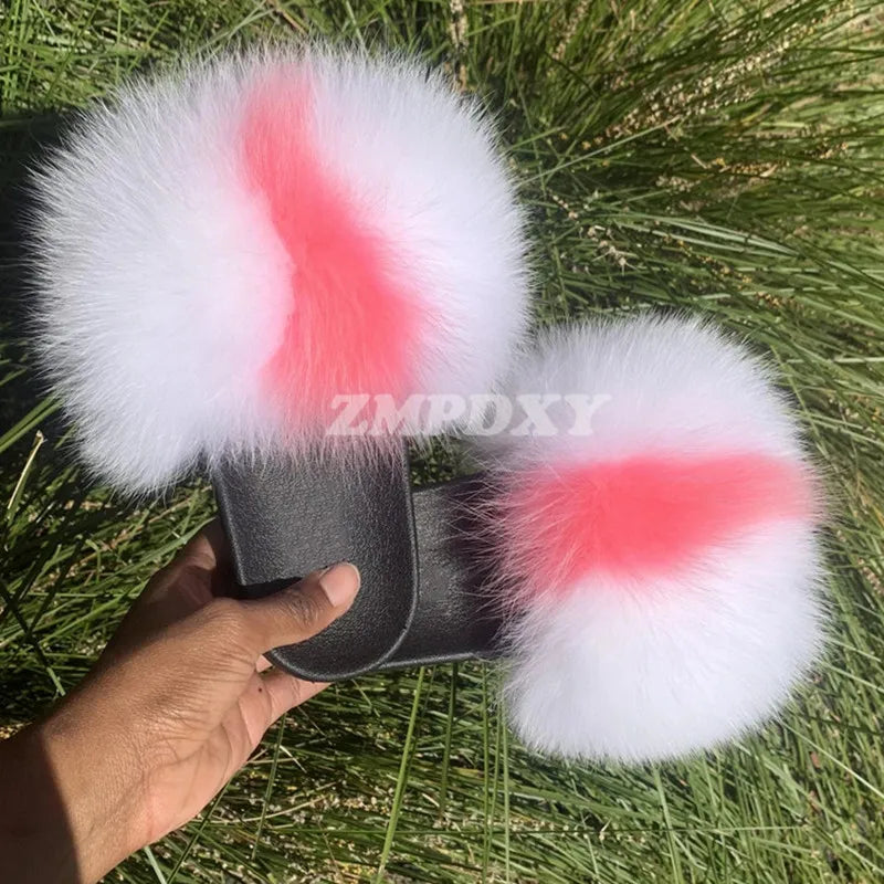 Rainbow Fur Slides Women's Furry Plush Raccoon Fox Fur Slippers Indoor Flat Non-Slip Summer Beach Flip Flops Large Size Sandals