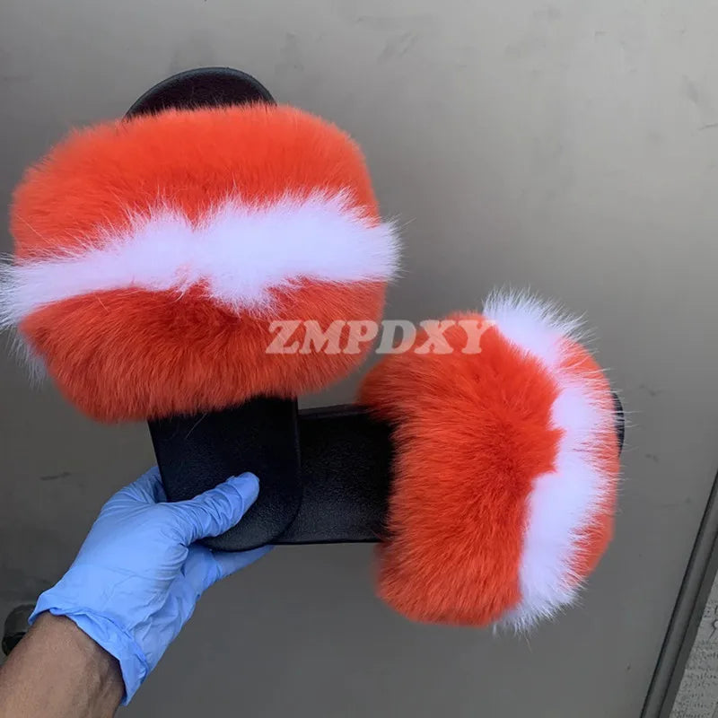 Rainbow Fur Slides Women's Furry Plush Raccoon Fox Fur Slippers Indoor Flat Non-Slip Summer Beach Flip Flops Large Size Sandals