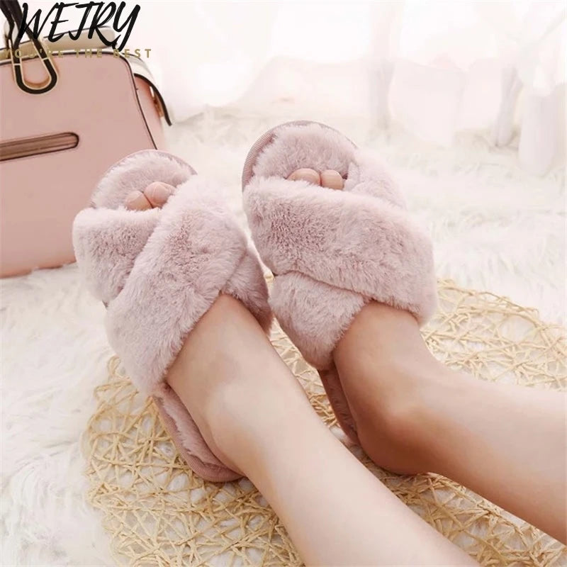 Winter Women Home Slippers with Faux Fur Fashion Warm Shoes Woman Slip on Flats Female Slides Black Pink Plus Size 41