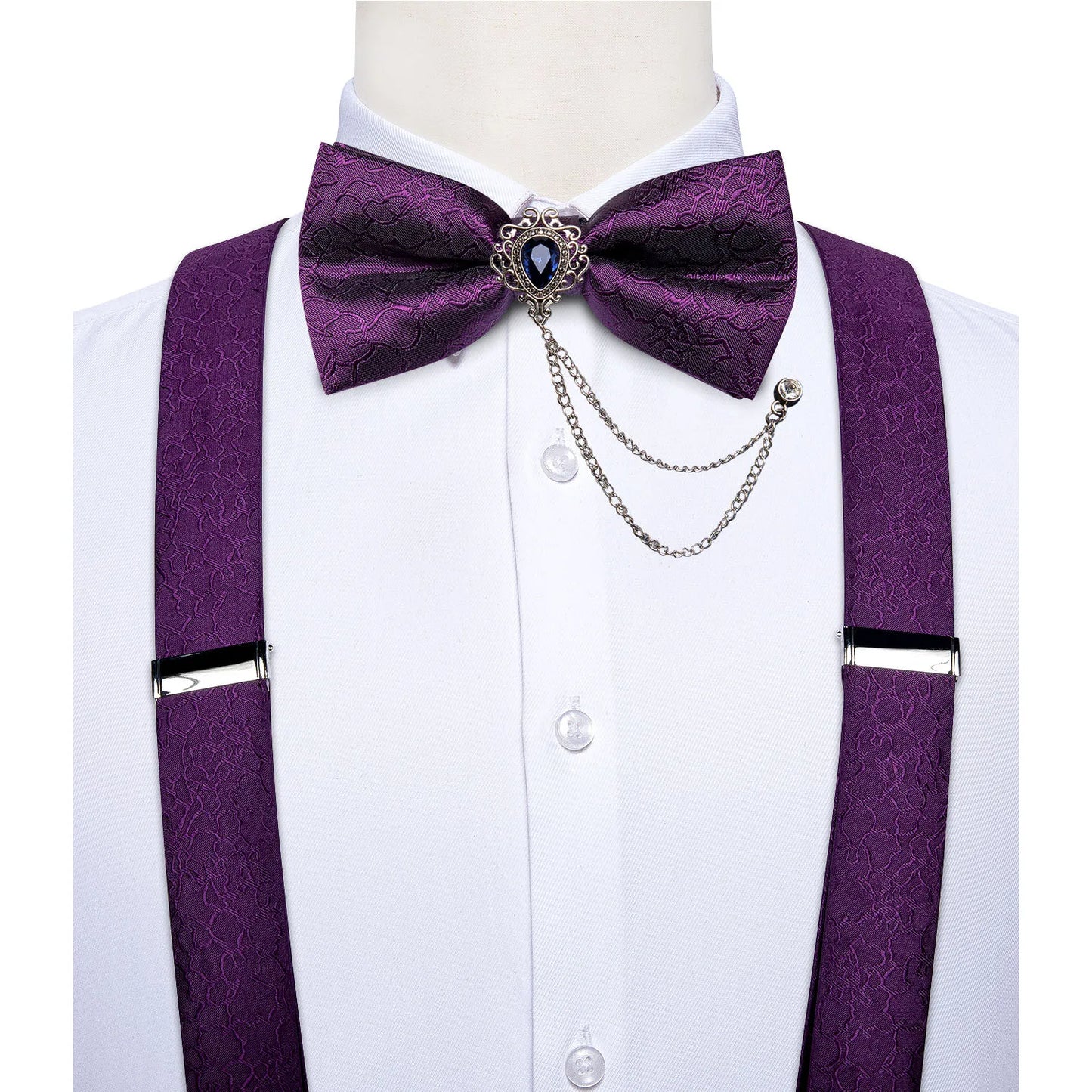 Mens Suspender 6 Clips Braces Y Shape Silk Suspenders Bow Tie Brooch Pocket Square Set Wedding Party Men Accessories DiBanGu