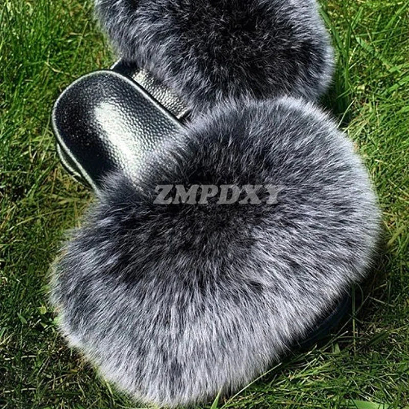 Rainbow Fur Slides Women's Furry Plush Raccoon Fox Fur Slippers Indoor Flat Non-Slip Summer Beach Flip Flops Large Size Sandals