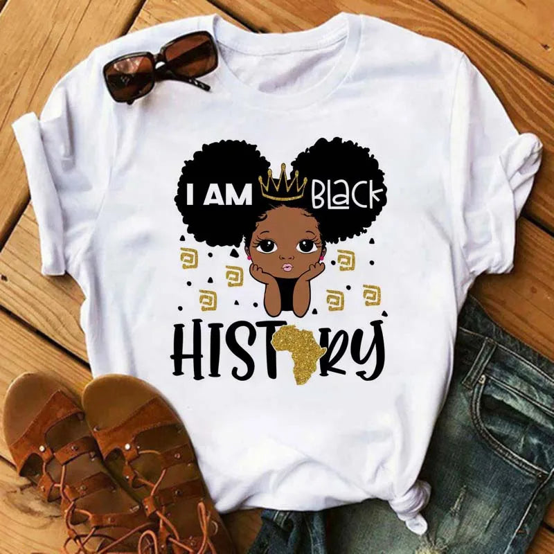 Maycaur Harajuku Black African Curly Hair Girls Tshirt Women Cartoon Graphic Print Tops Female T-shirt Cute Tee Friends T Shirts