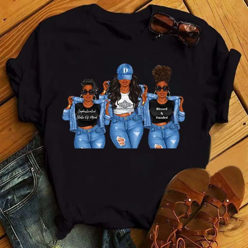 Maycaur Harajuku Black African Curly Hair Girls Tshirt Women Cartoon Graphic Print Tops Female T-shirt Cute Tee Friends T Shirts