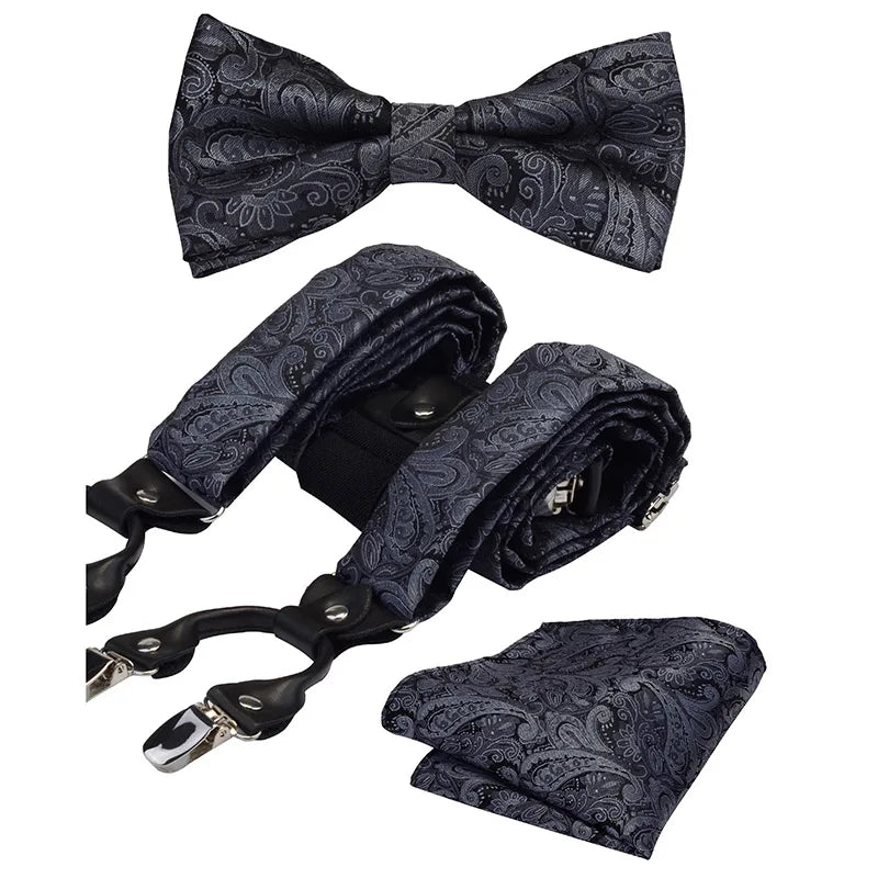 Adjustable Adult Suspender Straps Y Shape Clip-on Bowtie Pocket Square Set Men's Suspenders 6 Clip Pants Braces Suit Business