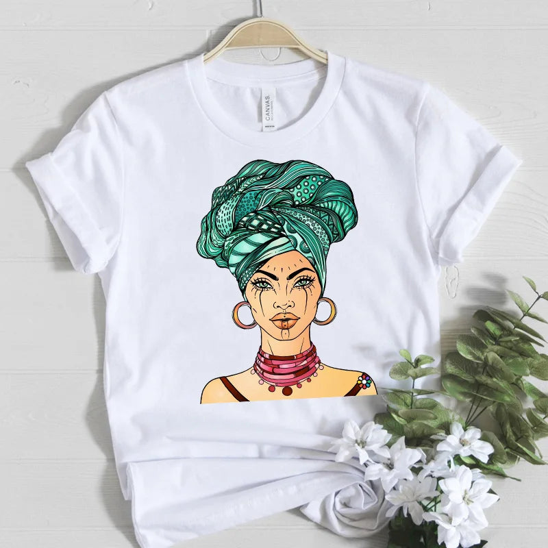 Beautiful Africa Girl Graphic T-Shirt for Women Aesthetic Black Melanin Queen Design Short Sleeve Eye Catching Femme Tops
