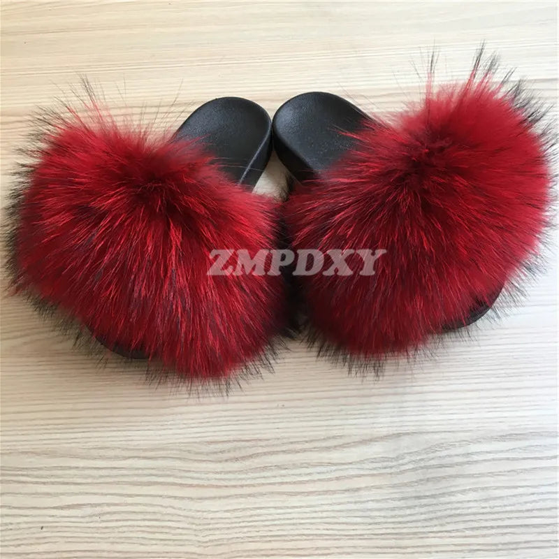 Rainbow Fur Slides Women's Furry Plush Raccoon Fox Fur Slippers Indoor Flat Non-Slip Summer Beach Flip Flops Large Size Sandals