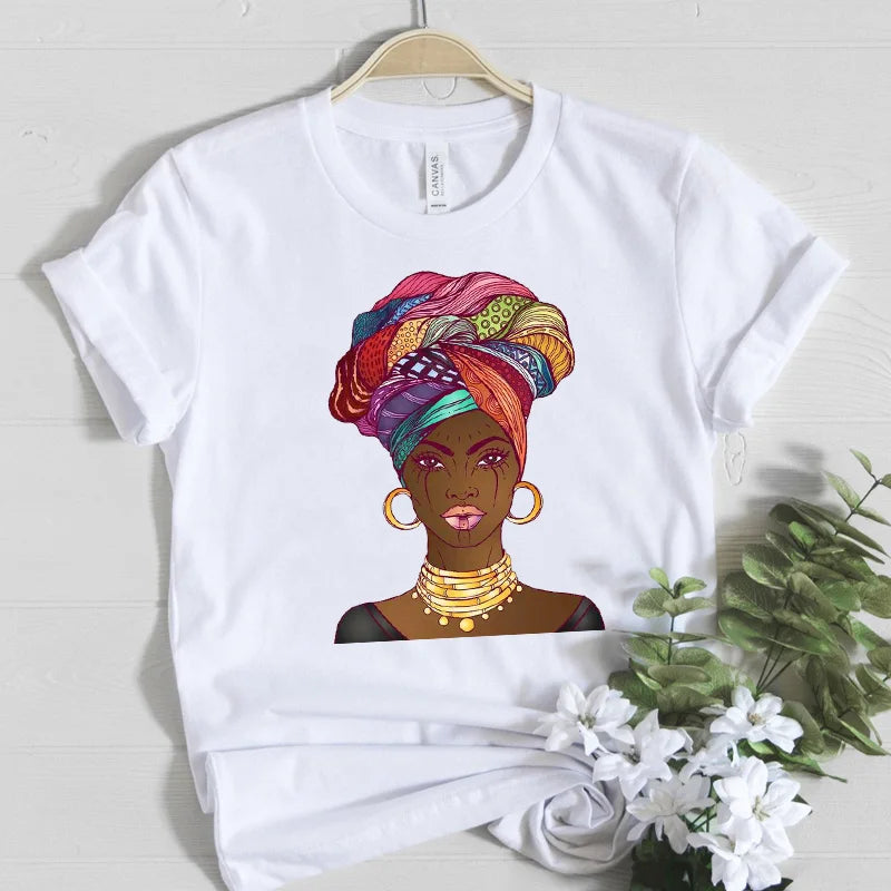 Beautiful Africa Girl Graphic T-Shirt for Women Aesthetic Black Melanin Queen Design Short Sleeve Eye Catching Femme Tops