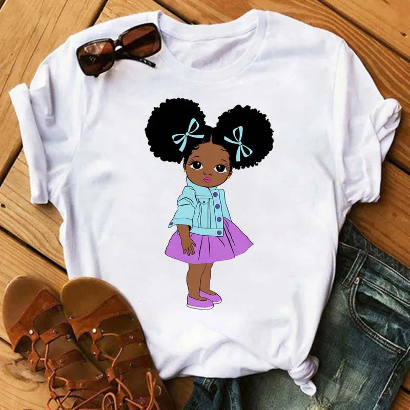 Maycaur Harajuku Black African Curly Hair Girls Tshirt Women Cartoon Graphic Print Tops Female T-shirt Cute Tee Friends T Shirts