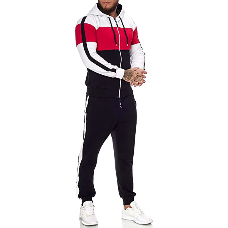 Autumn and Winter New Three-color Stitching Men's Fashion Sets Casual Sweater Plus Velvet Thick Suit Warm Hooded Jacket