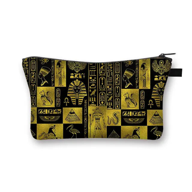 Black and gold Egyptian hieroglyphic patterned cosmetic bag with pharaoh, ankh, and pyramid designs